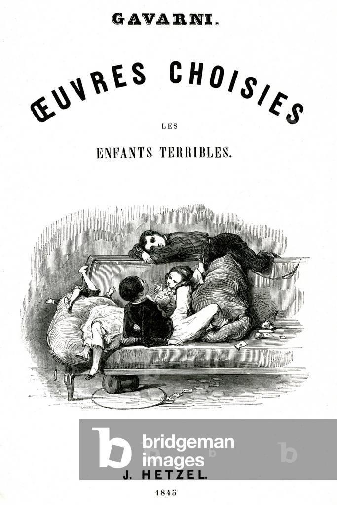 Title page of the collection “Les enfants terribles”” by satirical cartoonist Paul Gavarni (1804-1866), Hetzel 1845 edition. Three children affales on a sofa (canape).