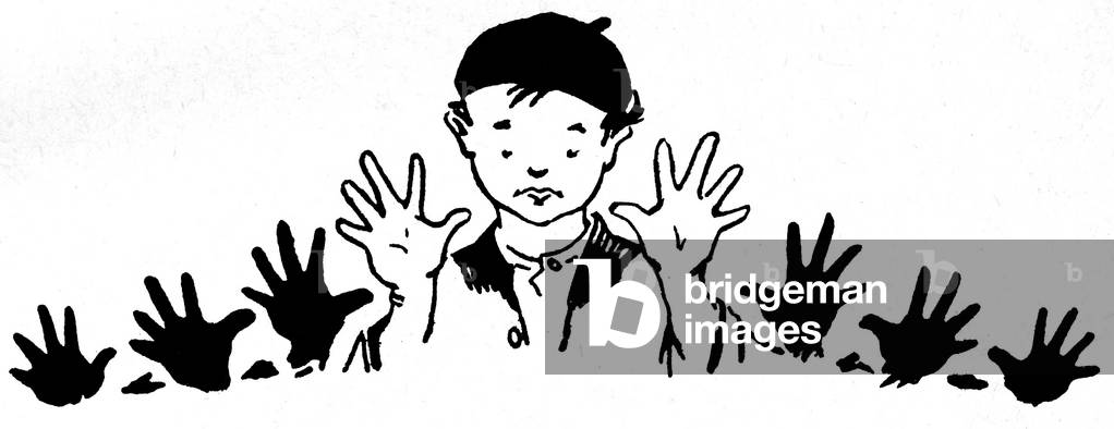 the hand: a child wearing a beret presents his two hands,  beg of 20th century (print)