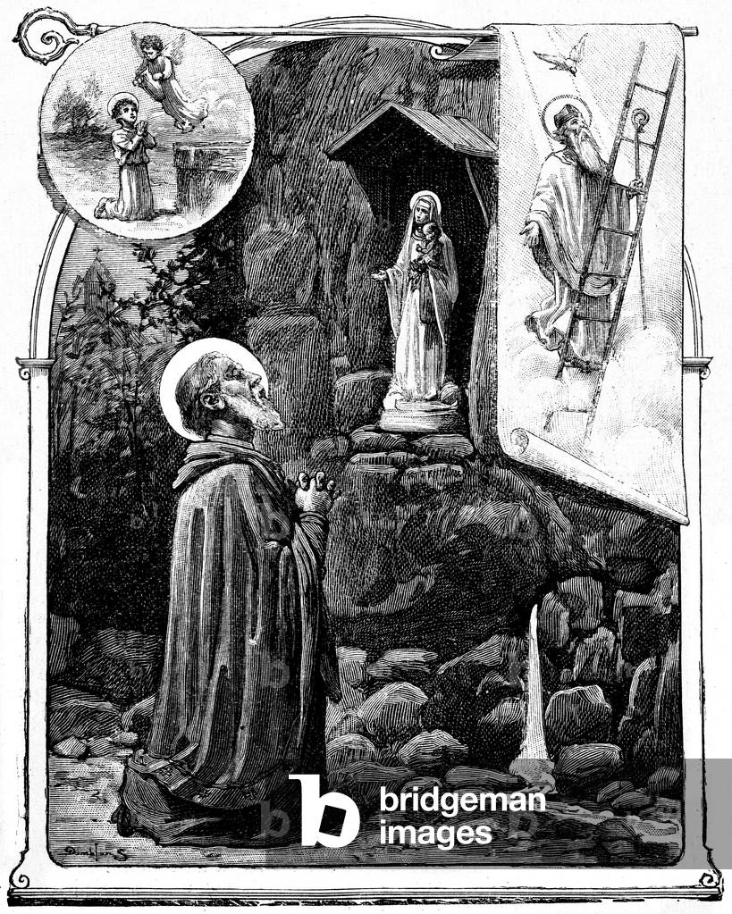 Saint Brieuc or Brioc (v. 409 - v.502), a Breton monk from Wales, the first eveque of Saint Brieuc, the city of Brittany that owes him his name. He is one of the seven holy founders of Brittany, honors for his generosite in the pilgrimage of the Tro Breizh. He was beatified for subjugating wolves. We celebrate May 1st. Engraving of the book “” The life of the saints of the calendar for every day””” mid 19th century