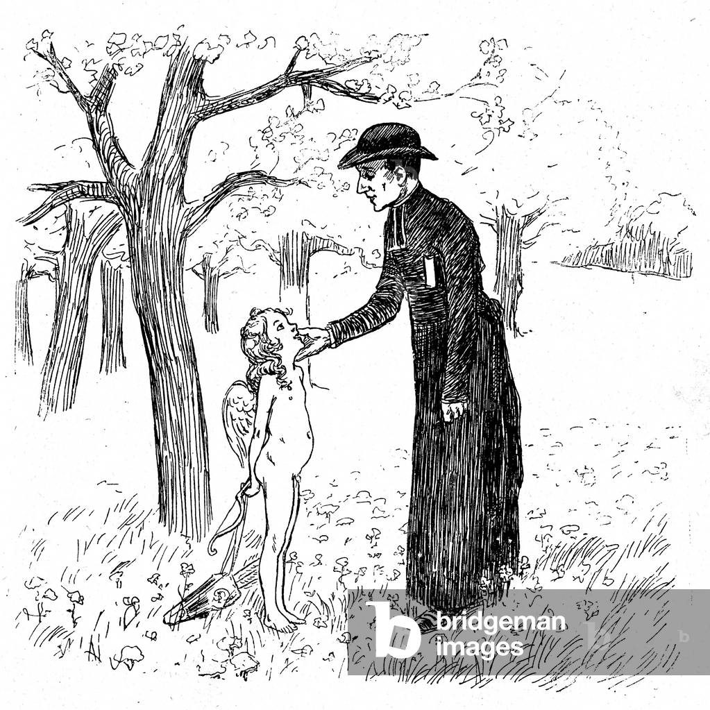 Satire drawing of a priest and a love cupid, 1895 (print)