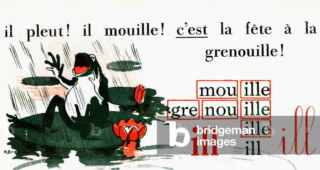 Illustration of the reading book of nursery school Remi et Colette. It rains it wet, it's a frog feast (rhyme) learning the sound “” ouille””. Illustration by Rene Bresson, years 1950-1960.