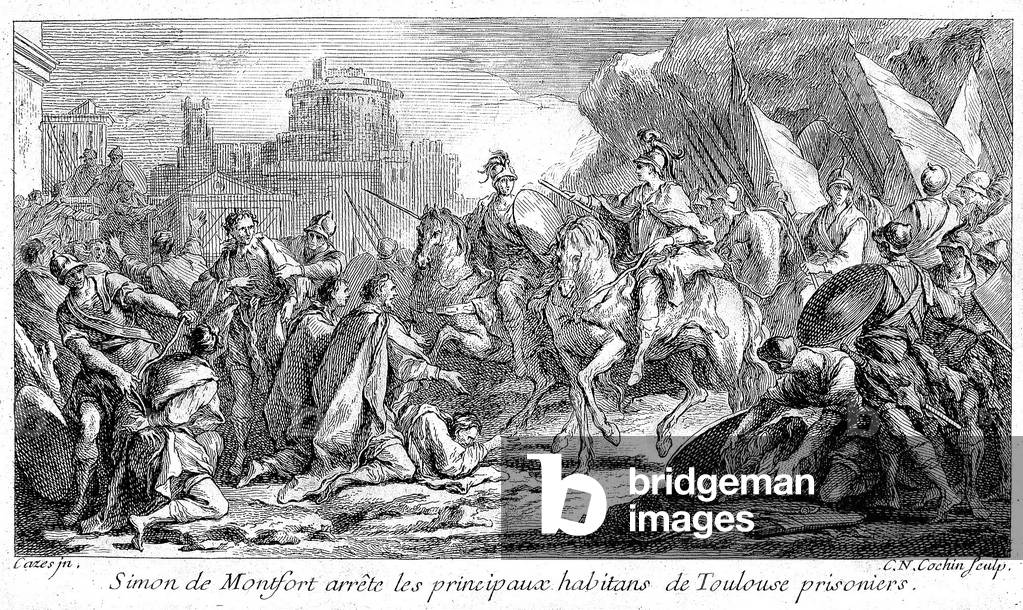 Simon de Montfort (Simon IV the Fort, Count of Montfort, circa 1150 - 1218, chief of the Armee des Croises against the Albigeois = Cathars), captured the main inhabitants of Toulouse. Engraving of the 18th century signed Cazes.