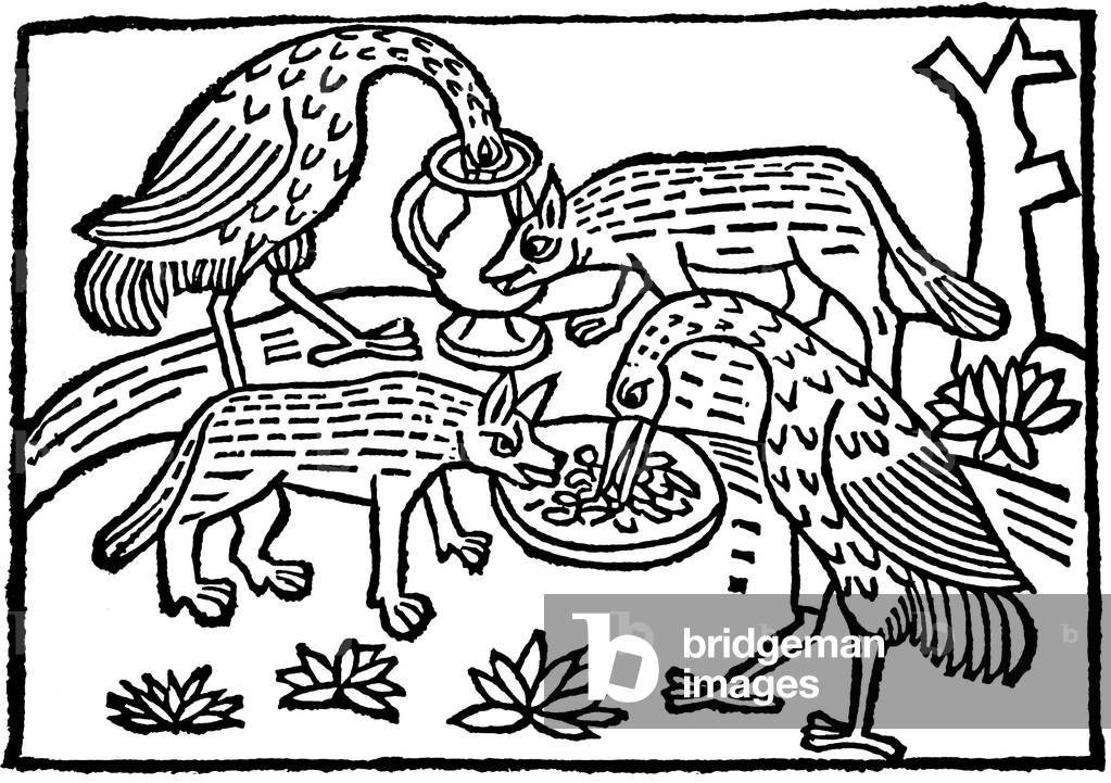 15th century grave wood illustrating a fable by Esop “the fox and the stork””, inspired by one of the fables of La Fontaine “the fox and the stork” -