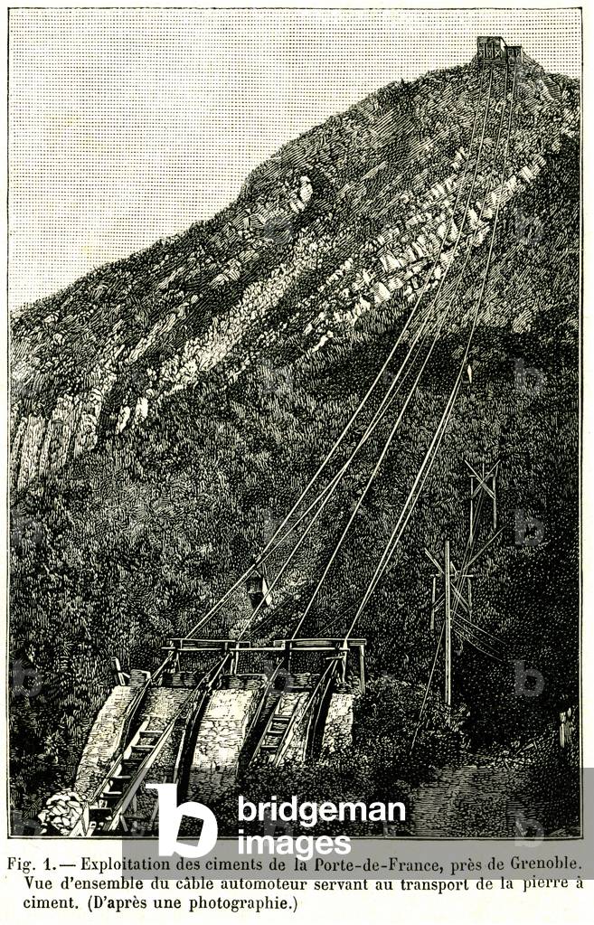 Exploitation of the cement of the Porte de France (Porte-de-France, near Grenoble, Isere, Dauphine) at the end of the 19th century: overview of the self-propelled air cable and wagons used to transport cement stone - engraving extracted from “La Nature”, between 1896 and 1900 - cement quarry, cement factory, telepherical -
