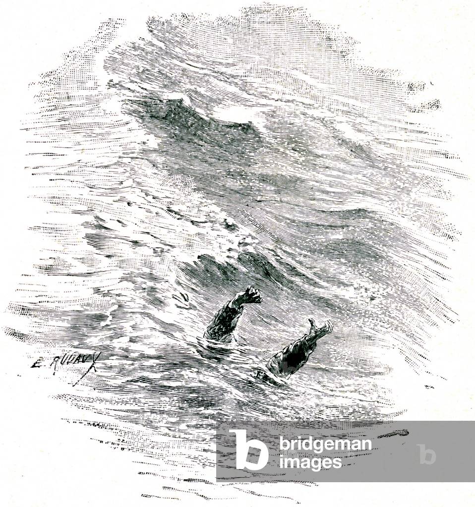 Icelandic fisherman, novel by Pierre Loti. “” Nouvelle Collection Illustree”, Calmann-Levy, 1924 edition. Illustration by Henri Edmond Rudaux (1865-1927): drowning of a fisherman takes to the sea during a storm.