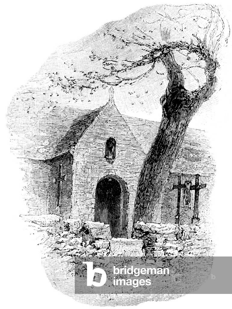 Village chapel. Illustration (detail) by Henri Edmond Rudaux (1865-1927)
