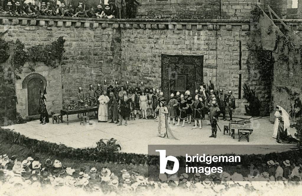 Ancient outdoor theatre of the Cite de Carcassonne: first performance given on 26 July with Henri de Bornier's play “La fille de Roland”” played by the actors of Comedie Francaise Paul Mounet, Jacques Fenoux and Jeanne Delvair. Detail of an epoque postcard - Photography by Michel Jordy -