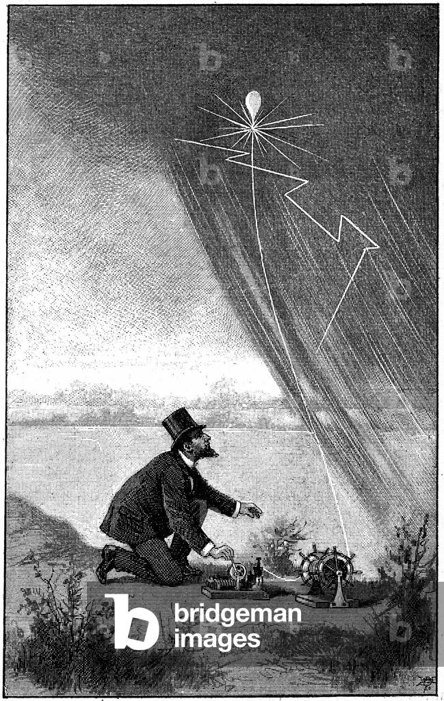 Daniel Ruggle experimenting with captive balloons loaded with explosive materials, 1891 (engraving)