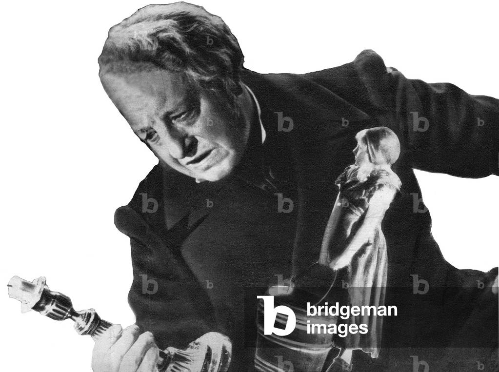 Advertising editing for Raymond Bernard's film “” Les Miserables”” (1933) based on Victor Hugo's novel. Jean Valjean (Harry Baur) holding a candlestick of Monsignor Myriel and Cosette (Gaby Triquet) with his bucket. Operational document Pathe Natan 1933.