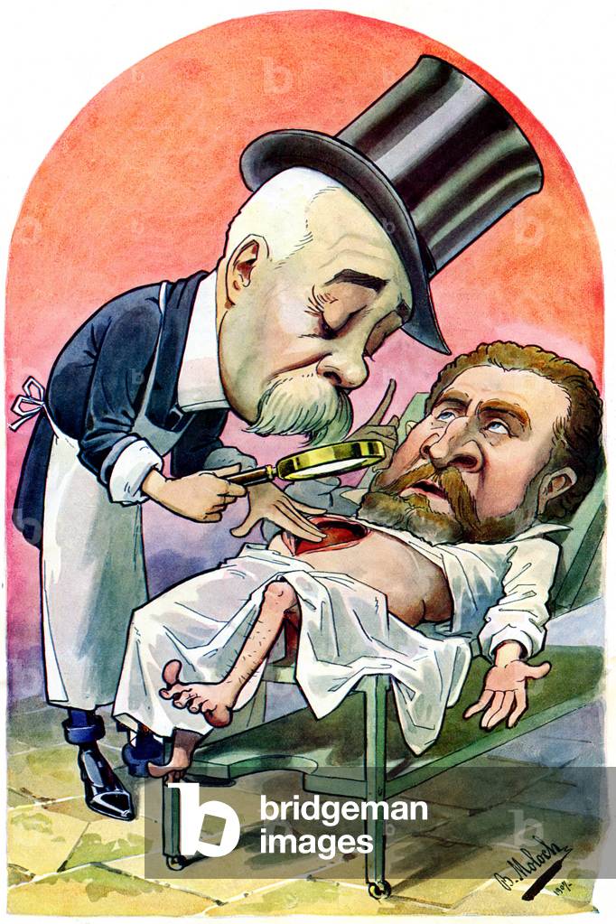 Dr. Georges Clemenceau examining Jean Jaures's open belly, 1907 (print)