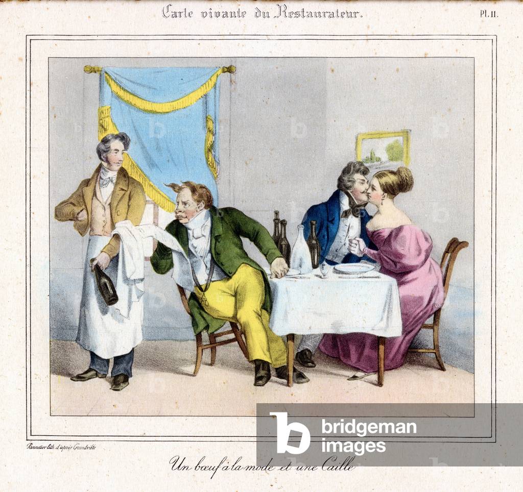 Bild von Druck "The Restaurateur's Living Card: Ein Mode-Rindfleisch und eine Wachtel" 1831 von Grandville