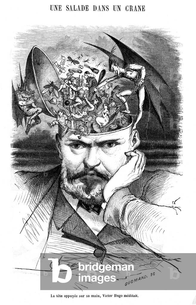 A salad in a skull: his head resting on his hand, Victor Hugo meditating, 19th century (engraving)