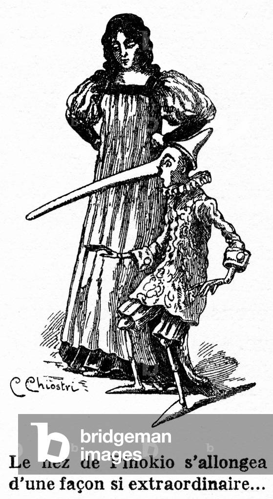 A French translation of Pinocchio around 1920-1930, reproducing a drawing by Carlo Chiostri (1863-1939), one of the first Italian illustrators of Collodi's work. The nose of the wooden puppet stretches as he tells lies at the blue fee.