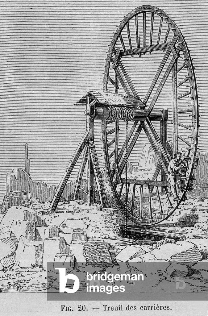 Winch of quarries - engraving of “” La France industrielle” by Bonnafoux, 1880.