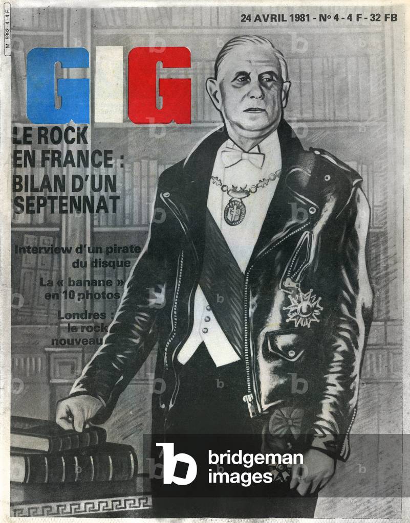 Cover of the newspaper “” GIG”” No. 4 of 24 April 1981: an official presidential photo of General de Gaulle. The President of the French Republic dresses in a leather perfecto, to evoke rock and roll music in France -