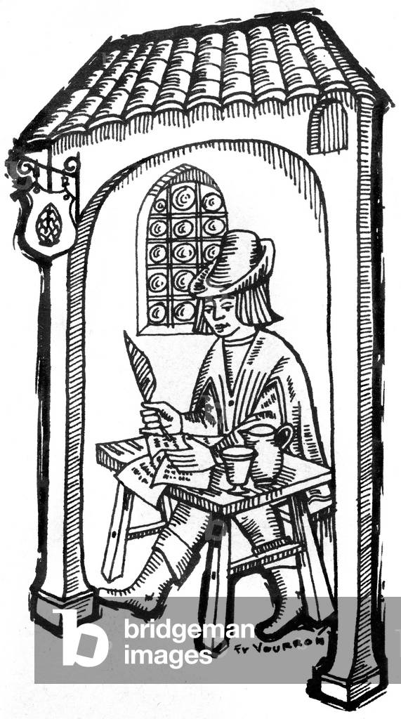 Seated man writing a letter in a tavern, undated isolated engraving, signed Fr. Vourron.