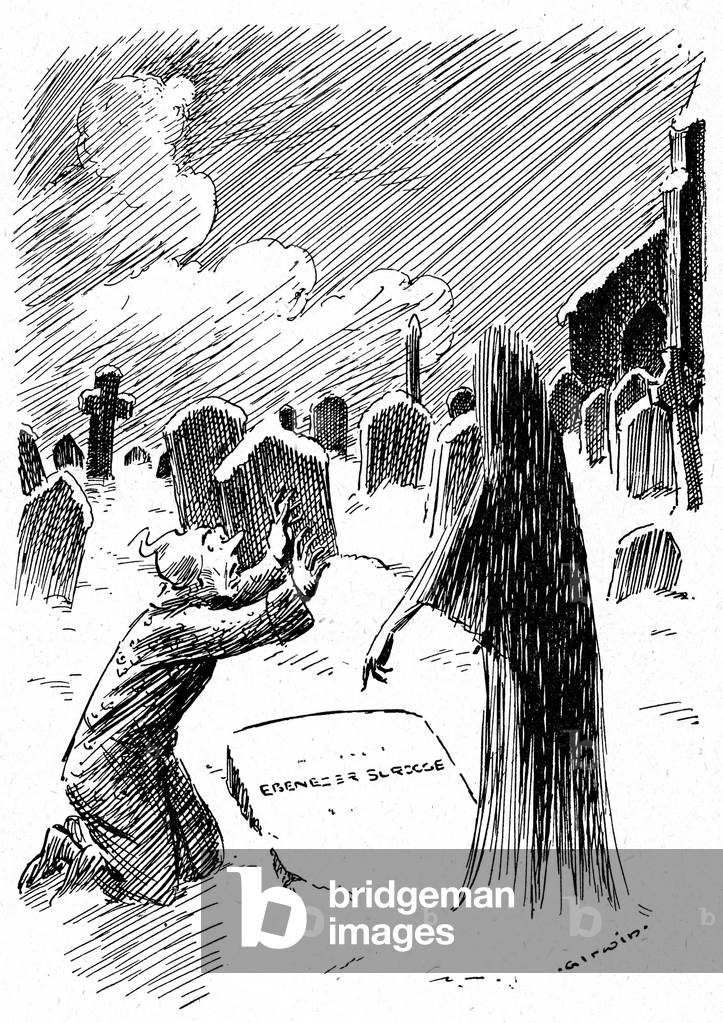 Illustration of the “Christmas Song” by Charles Dickens, beginning 20th century, illustration by G.W. Irwin. Old Ebenezer Scrooge meets a ghost in the cemetery, above his own grave