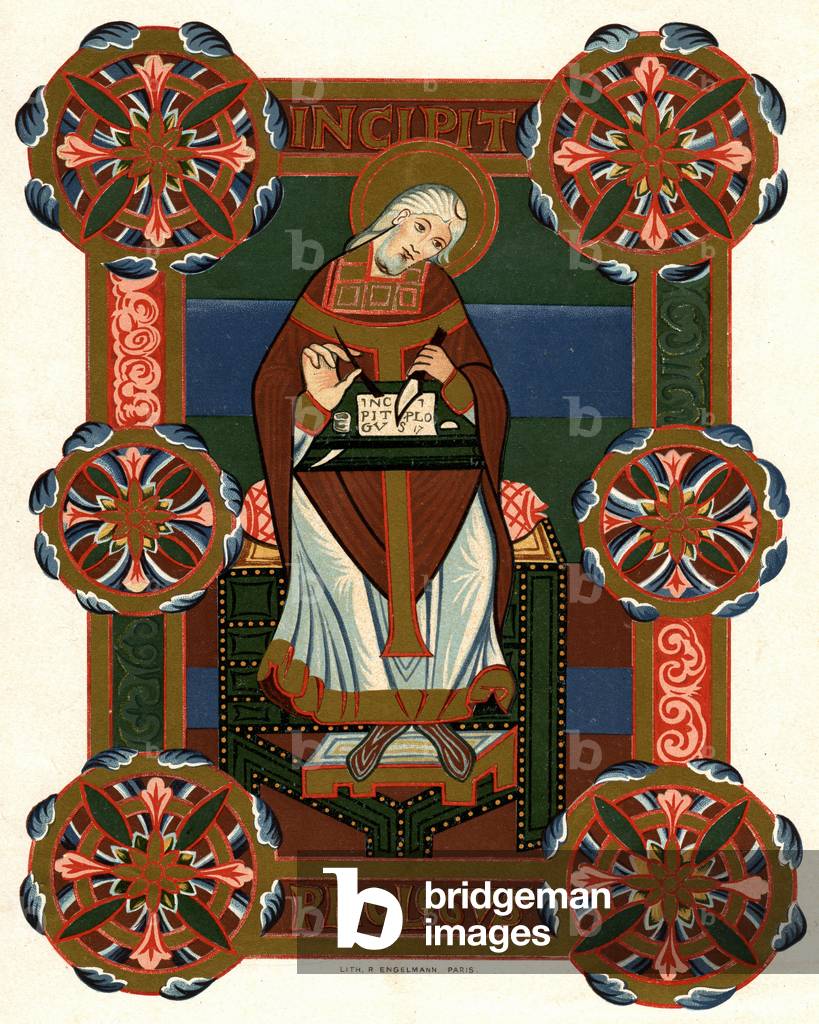 Saint Venance Fortunat (eveque of Poitiers 530-609) writing the life of Saint Radegonde (519-587), Saint Radegonde de Poitiers (Queen of the Francs, fourth wife of King Clotaire I). Undated lithograph by R. Engelmann (ca. 1930) after an illumination of the 11th century.