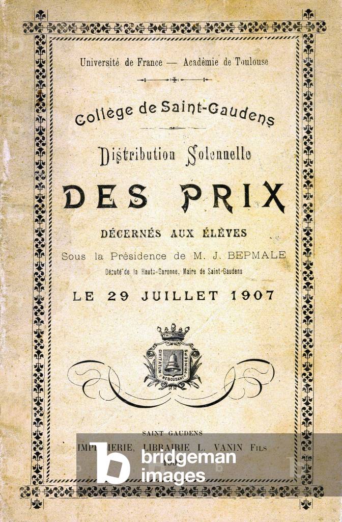 Coverage of the program of the solemn distribution of prizes, college of Saint-Gaudens, Haute Garonne, academy of Toulouse, July 1907