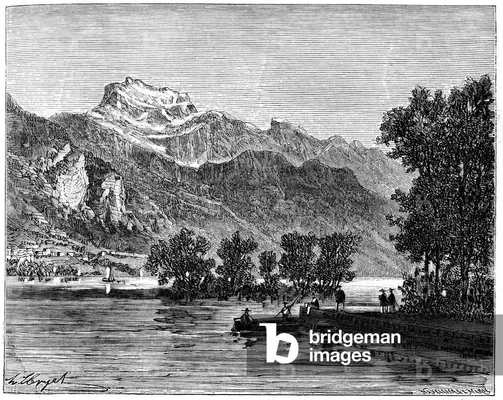 Lake Annecy, Haute-Savoie (Haute Savoie) in the 19th century. View of the peaks of the Alps and promenade boat. Engraving from La France Illustree de Malte-Brun, edition Rouff 1882.