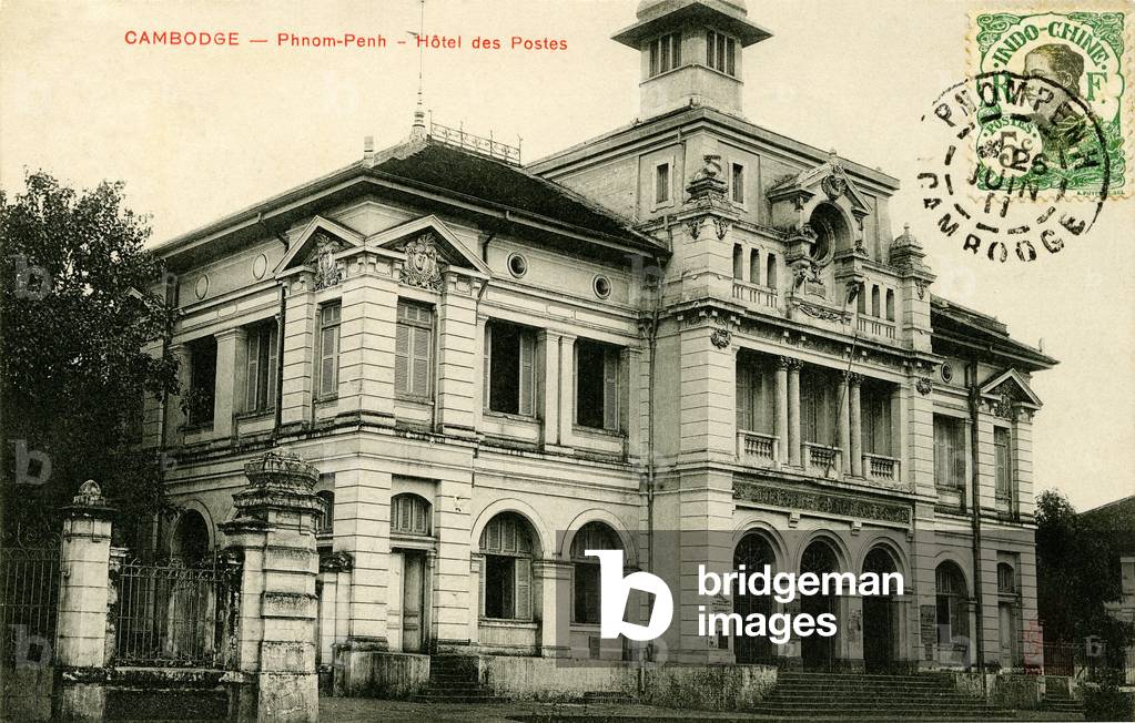 Cambodia - Phnom Penh (Phnom Penh): Hotel des Postes was built by colonial power - postcard sent in June 1911 with stamp from Indochina, French colony -