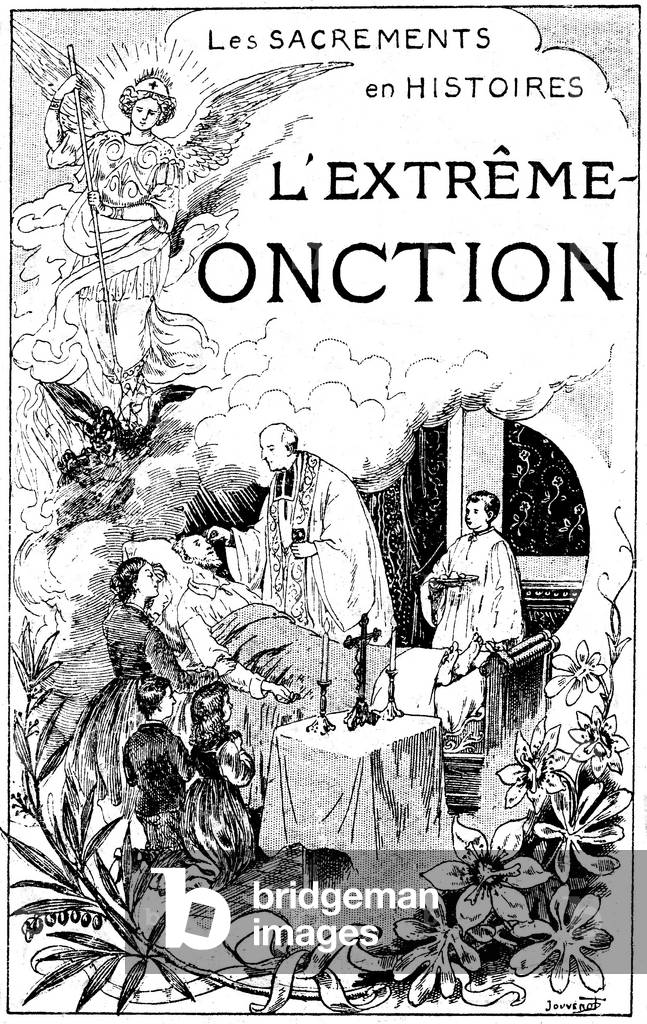 Extreme-ontion (extreme anointing, last sacraments) - cover of a religious book at the beginning of the 20th century - Saint George decks the dragon to allow the soul of a dying man to fly to heaven - illustration of Jouvenot - family piete, devotion, depart, beyond - priest, cure, death, Catholic religion - superstition - Heaven (Paradise) and Hell, good and evil -