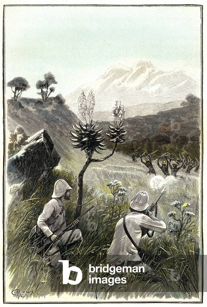 illustration of the novel by Jules Verne “” the superb Orinoco””, edition Hetzel/Voyages extraordinaire 1898, drawing by George Roux. Two explorers were attacked by a group of Bravos Indians.
