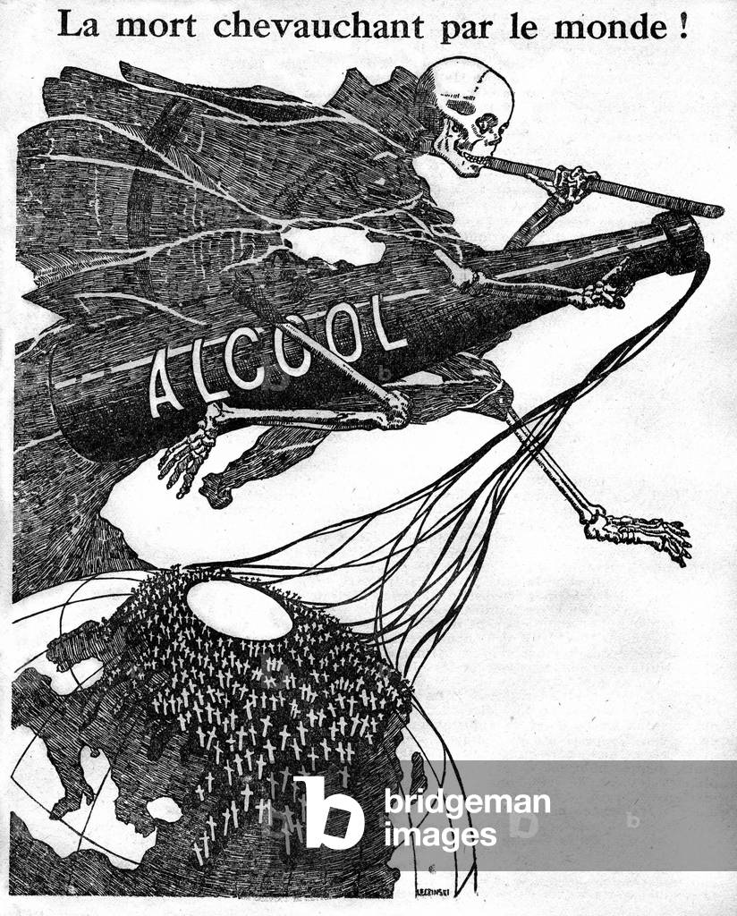 Death straddling the world: allegory of anti-alcoholic propaganda published in a popular medicine book around 1910.
