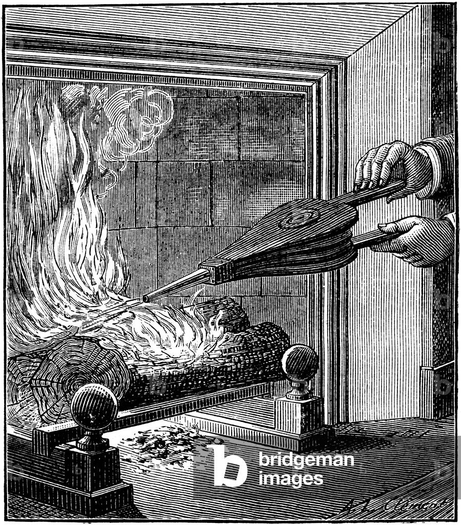 Fire in a Chimney: A Bellows Farms the Flame, 1900 (Illustration)