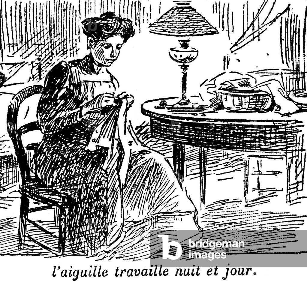 Couturiere: the needle works night and day - Illustration of a school book from 1926