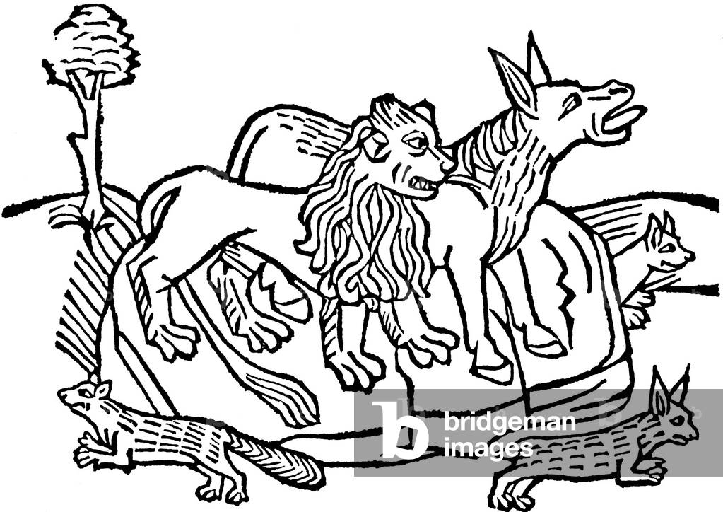 15th century grave wood illustrating a fable by Esope “the lion and the donkey hunting”, which inspired the fable of La Fontaine eponymme after being taken over by the Latin fabulist Phedre -