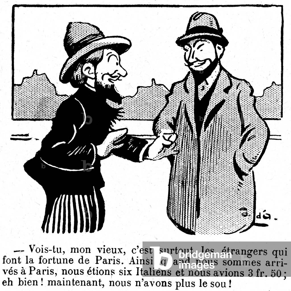 Italian immigration to France: caricature of the Almanach Nodot 1910