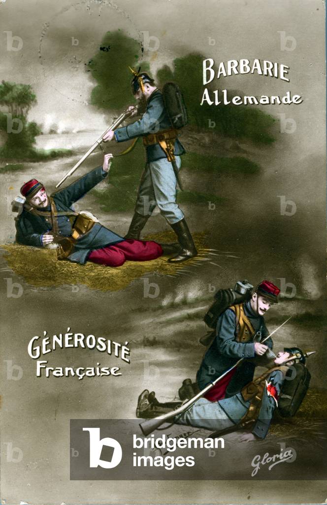 WWI postcard,  the generosity of the French soldier and barbarity of the German soldier. (photo)