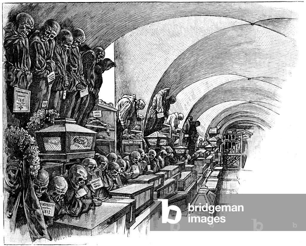 Palermo, Sicilia, Italia (Palermo, Sicily, Italy): the catacomb dei Cappuccini (catacombs of the Capuchins) - mummies, mummies, skeletons, skull, preservation of bodies, funeral rite, death, bones, cemetery, funeral, morbid, memento mori - engraving 19th century -