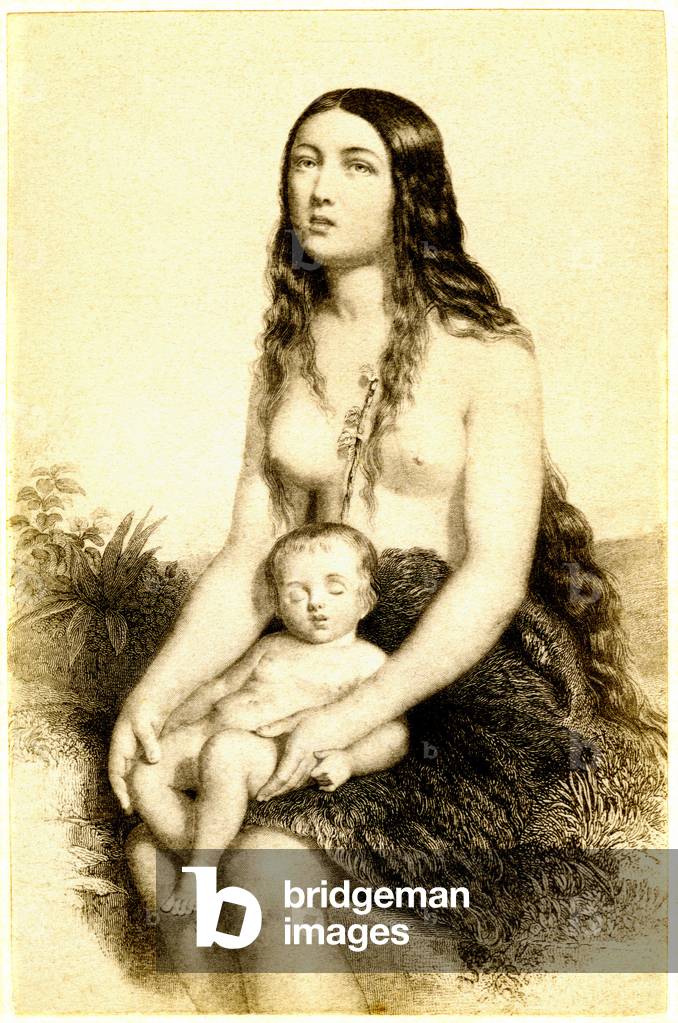 Madonna has child and topless. Anonymous engraving 19th century (probably from a painting), distributed as a photographic cutie.