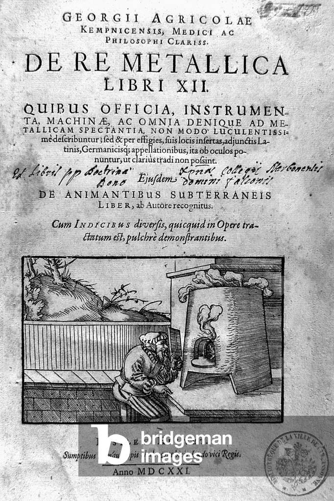 Frontespizio de «De Re metallica», 1621, che tratta dell'estrazione e della modellatura dei metalli (incisione