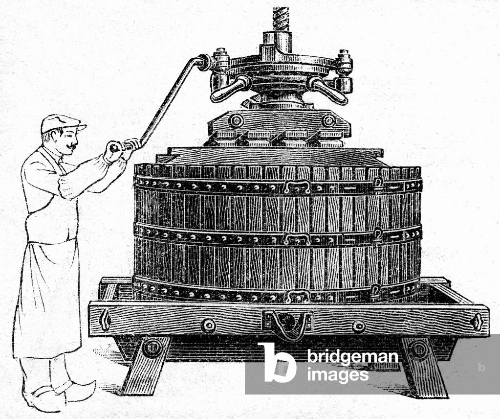 Wine and cider press. Engraving from the catalogue of the Manufacture Francaise d'Armes et Cycles de Saint Etienne, 1913.