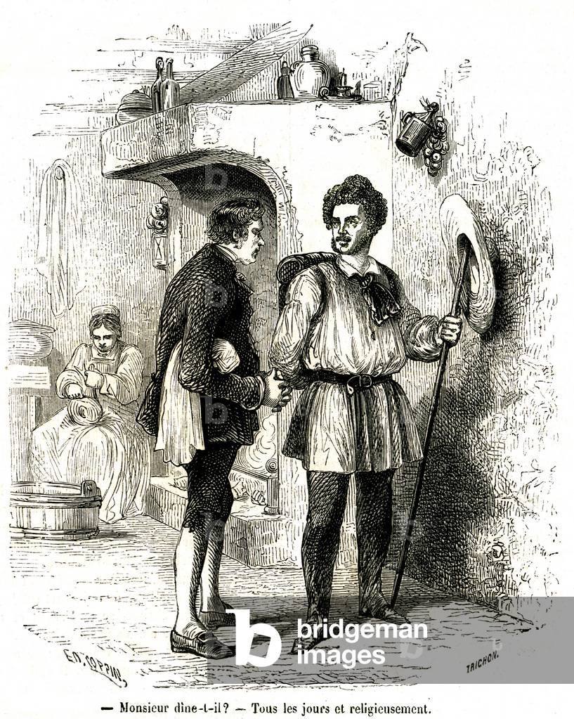 Alexandre Dumas pere travelled to a house where he asked for hospitality, 1855 (engraving)