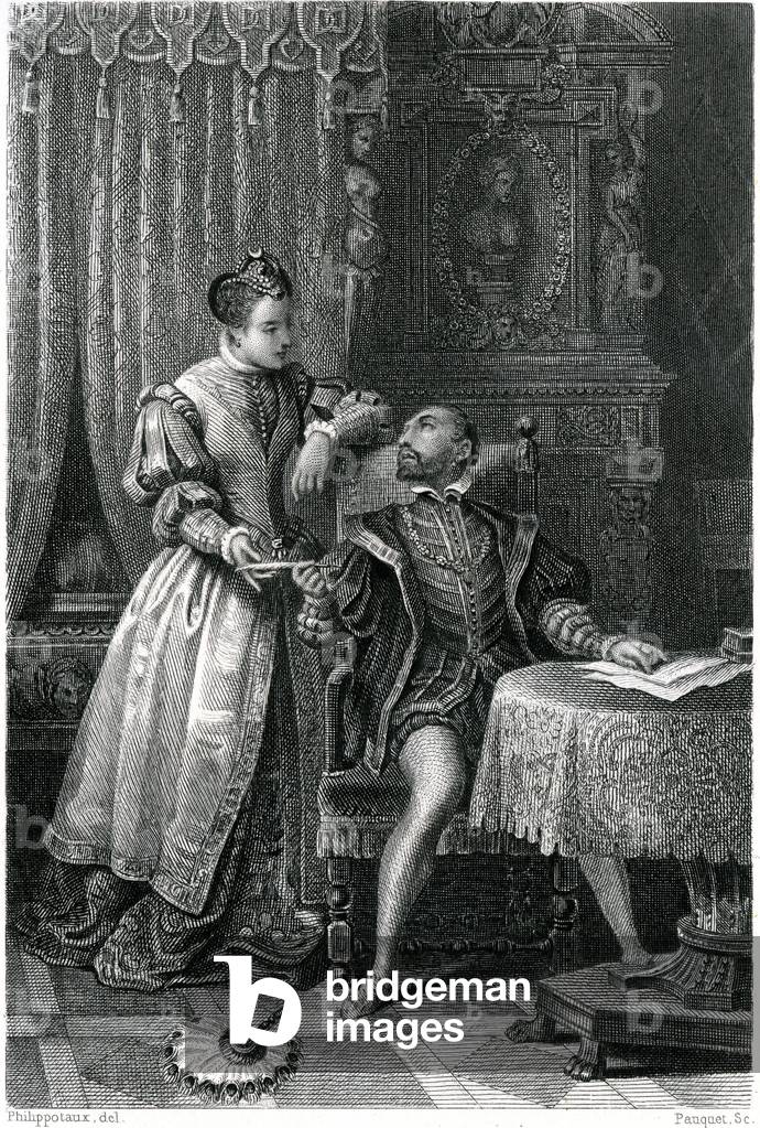 King Henry II of France (1519-1559) and Diane de Poitiers (1499-1566) - Engraving from Anquetil's 