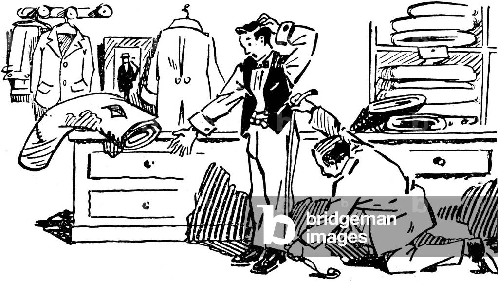 Tailor trying the pants of a suit with a customer - taking measurements - Illustration by Ray Lambert for a 1929 school book