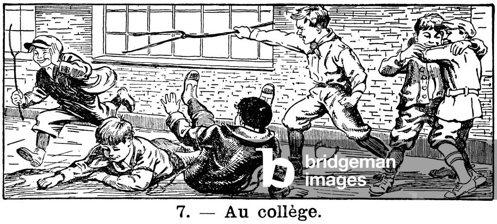 School, school students playing in the recreation yard of a college. Engraving by Jacoby in a book of reading and French language, edition Istra 1931.
