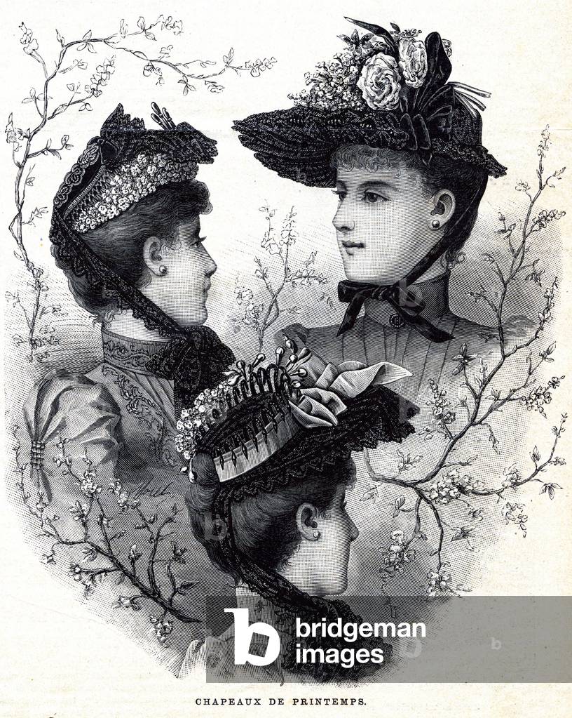Spring hats: cover composition of the newspaper “La Mode Illustree”” of March 30, 1890 - feminine fashion, elegance, hat, headgear, headgear, headgear, hairdressing -