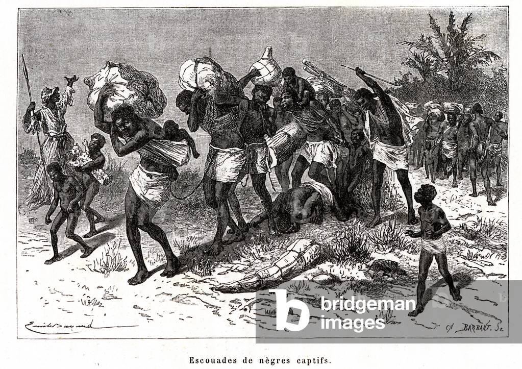 Black Africa: Squads of captive negres - convoy of black slaves - illustration by Emile Bayard in the book “Th
