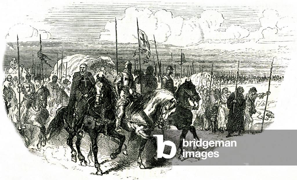 Departed for the crusade. Detail of an engraving by Alphonse de Neuville illustrating “L'histoire de France racontee à mes petits enfants”” by Francois Guizot, 1872.