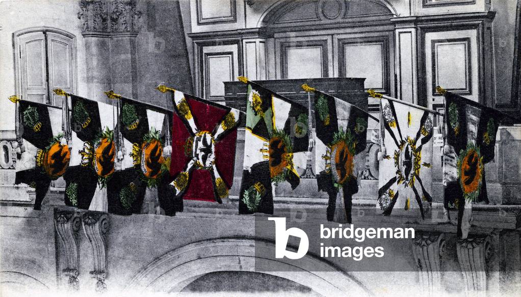 First World War 1914-1918 (14-18): the first eight flags taken from the Germans and exhibited on the facade of the disabled - postcard of 1914 -