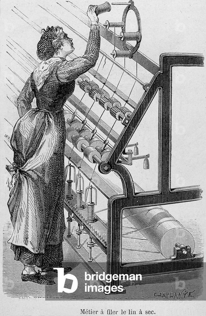 Dry linen loom - engraving of France Industrial 1880