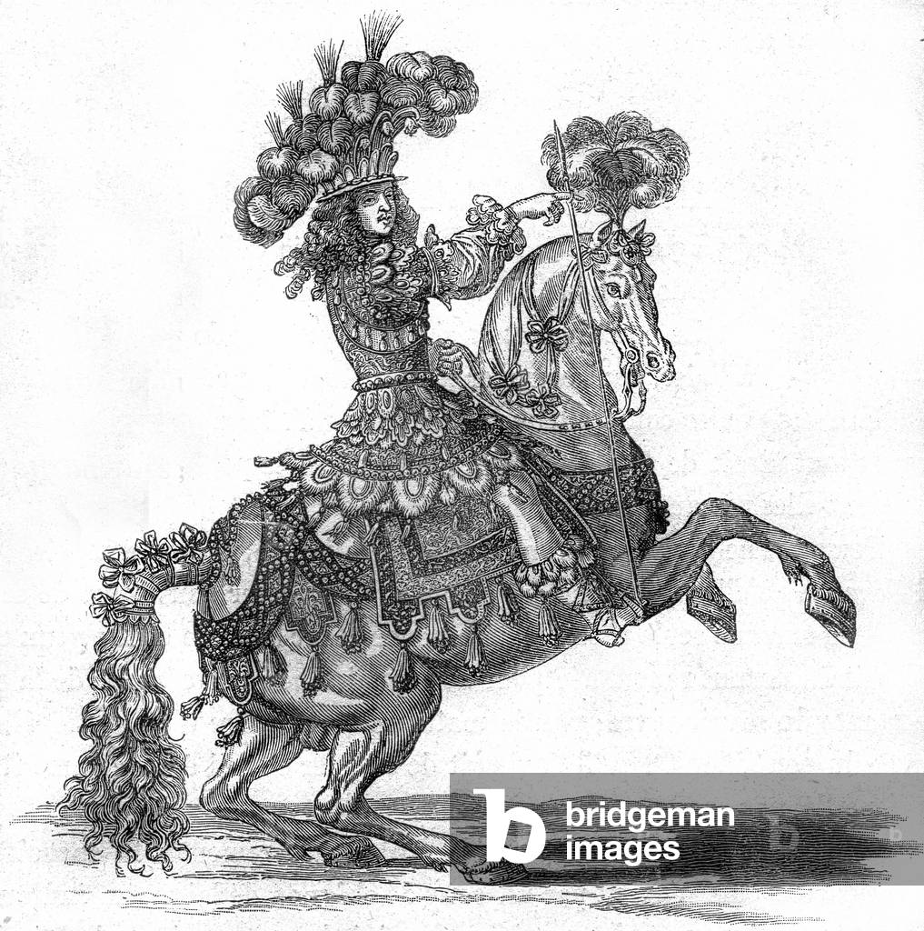 Caroussel of 1662, the Duke of Enghien horseback in great uniform commanding the quadrille des Indiens. Engraving late 19th after a period engraving.