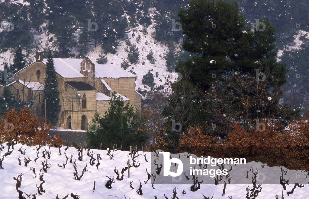 Caunes-Minervois : chapel of Notre Dame du Cros in winter amidst the vineyards under the snow.