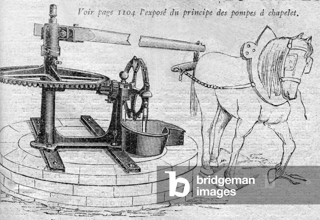 Pump - manege with a rosary operated by a horse (engraving)