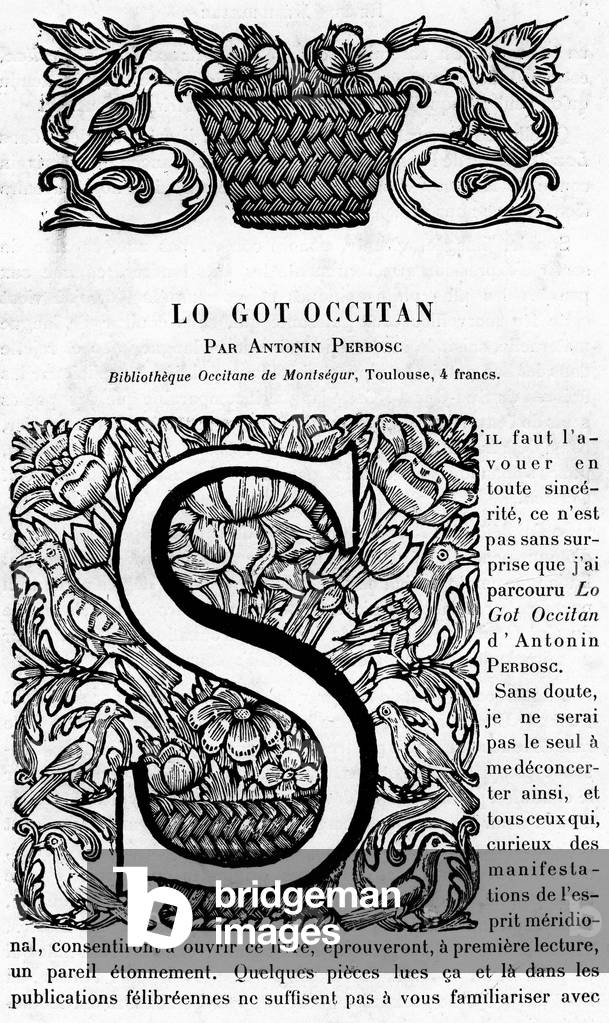 Printing wood used in April 1904 in Revue Meridionale (Occitan litterary critic) - Illustration of chapter head and capital S letterhead with motifs of baskets of flowers and birds.